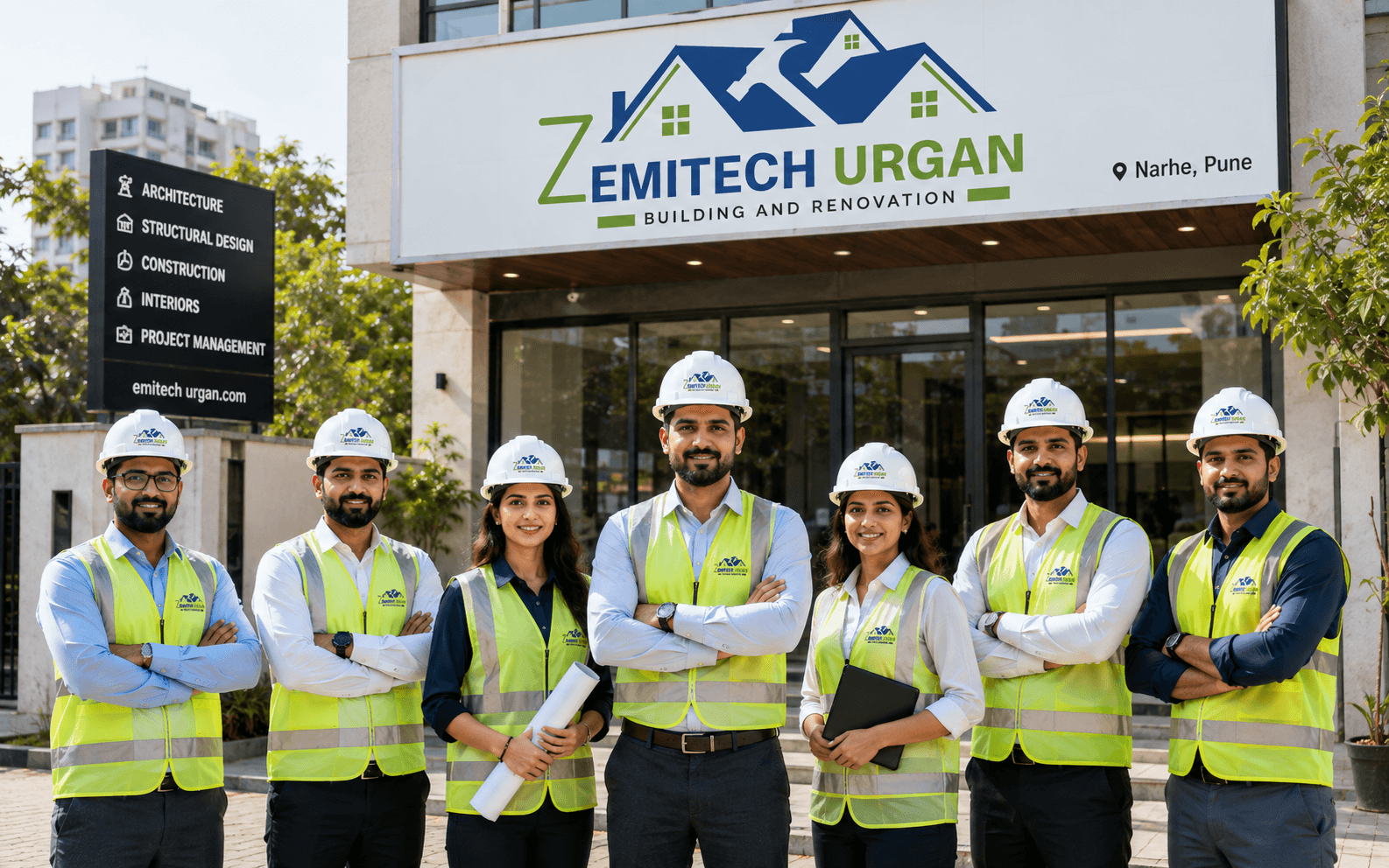 Zemitech Urban leadership and site team outside the Narhe office